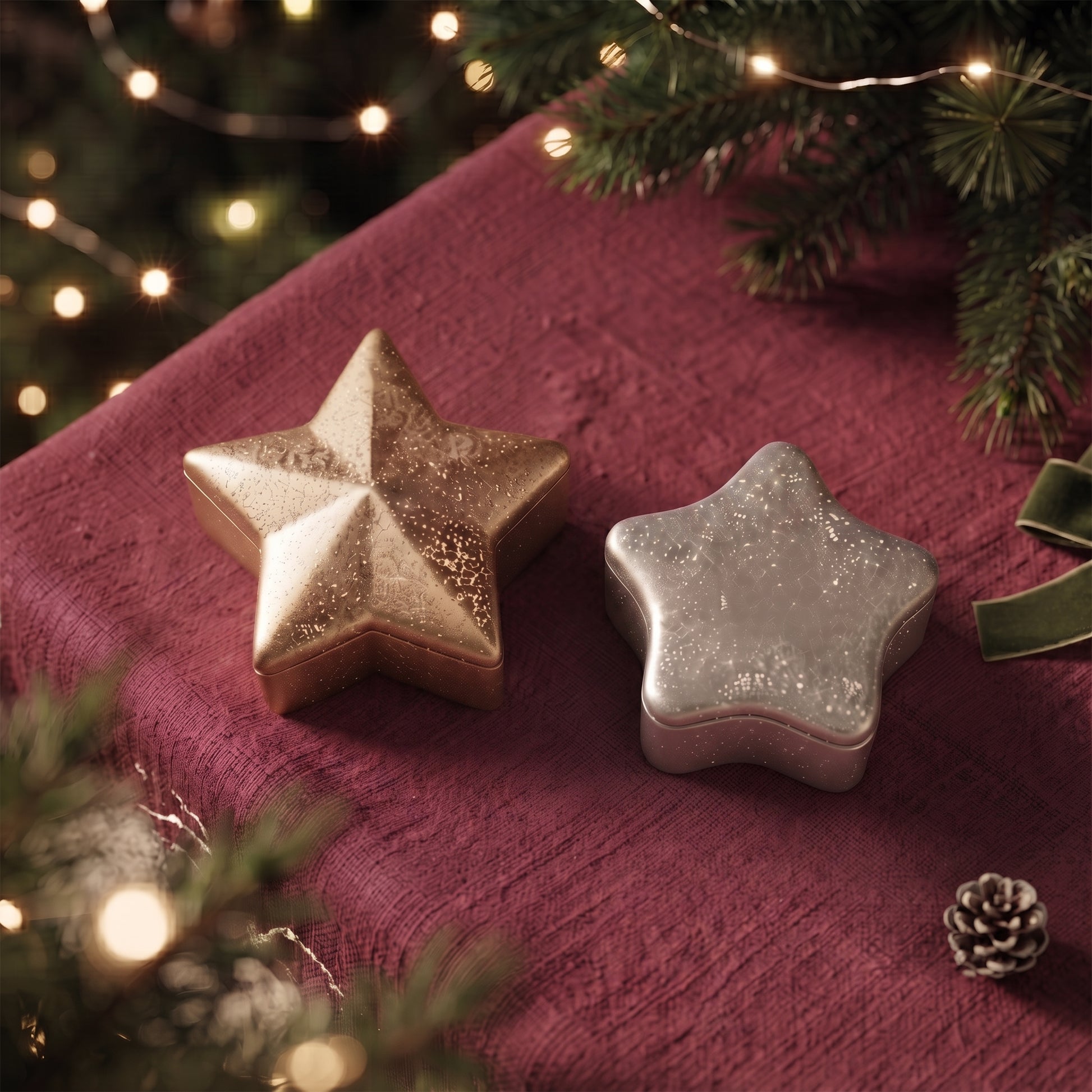 Gold and silver star-shaped candle jars styled on a festive red tablecloth with Christmas tree lights and a pinecone