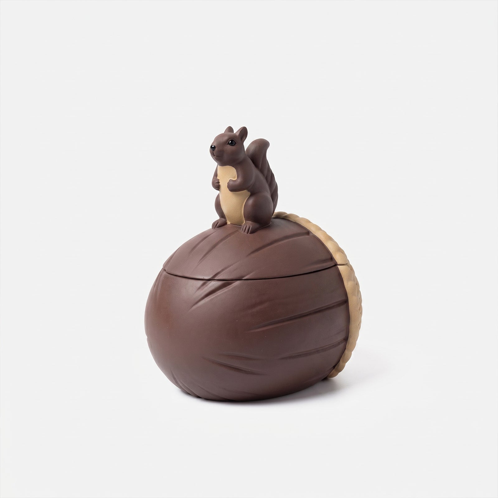 Woodland Nut Squirrel Candle Jar Silicone Mold, a two-piece acorn-shaped candle jar with a perched squirrel topper lid, shown on a white background