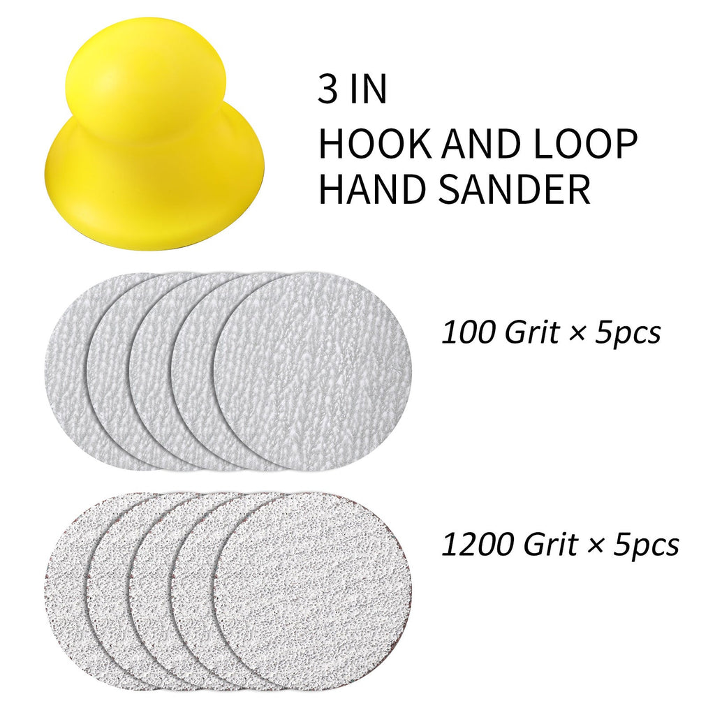 CraftPro 3-inch Hand Sander, includes 5 sheets of 100-grit and 5 sheets of 1200-grit circular sandpaper for precision grinding and fine polishing.