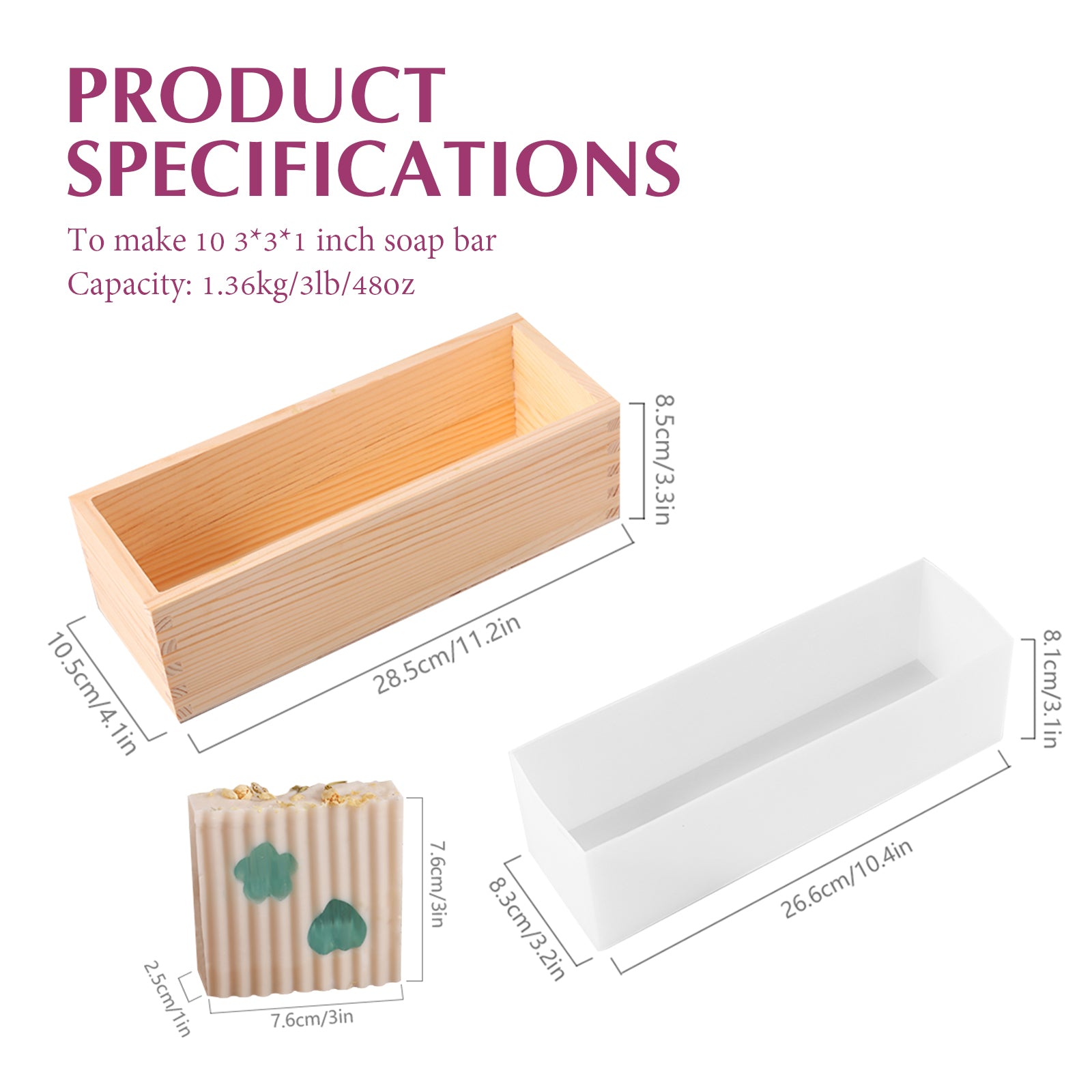 Moule à savon rectangulaire en silicone avec boîte en bois pour la fabrication de barres de savon de 3 x 3 pouces
