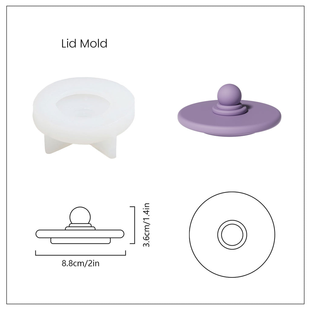 Dimensions chart for lid sizes, with unique demolded shapes on the right. Boowannicole's design seamlessly combines size and aesthetics, offering ideal choices for creative candle making.