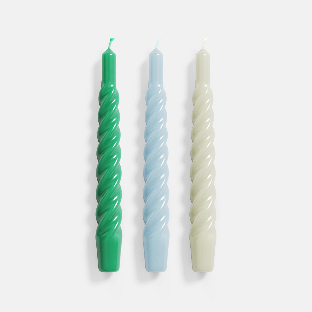 Illuminate your space with elegance using Boowannicole's set of three Spiral Taper Candles, featuring enchanting shades of green, teal, and white.