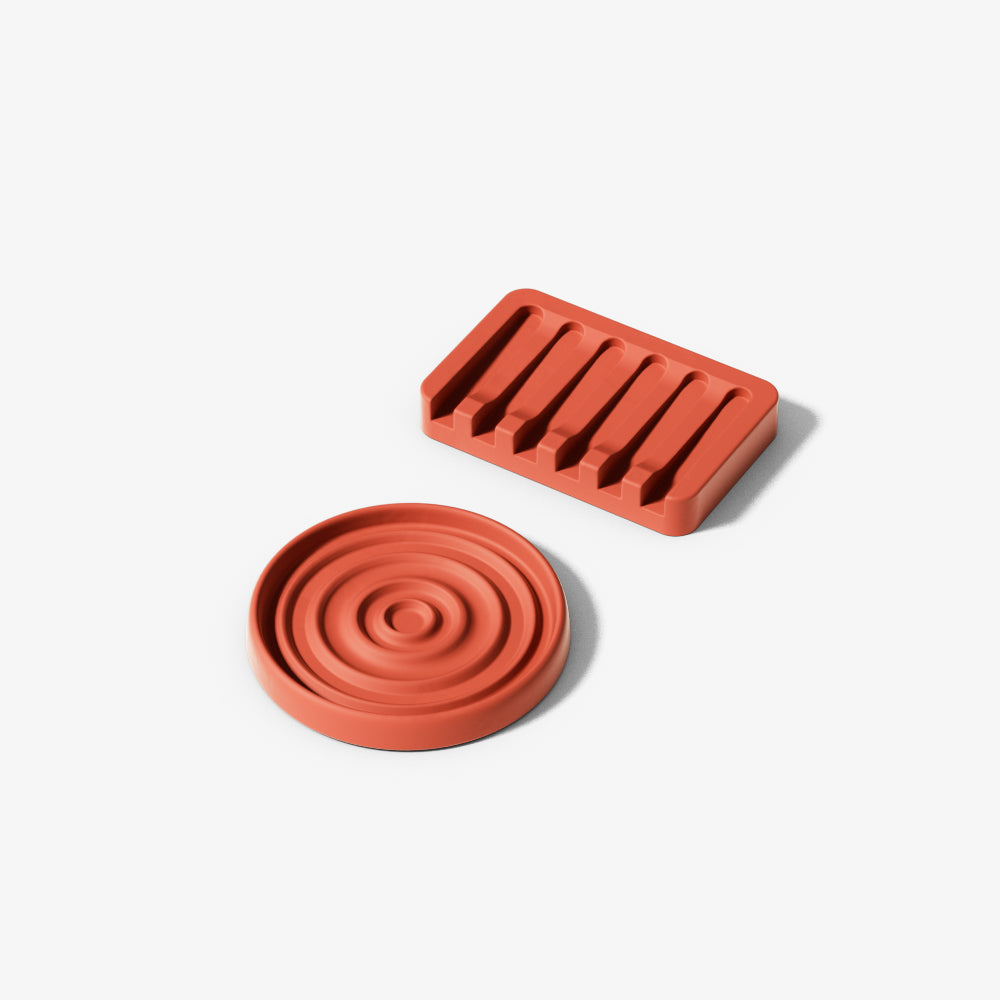 Illustration of circular and rectangular concrete soap dishes crafted using boowannicole silicone molds, showcasing unique design and brand essence.