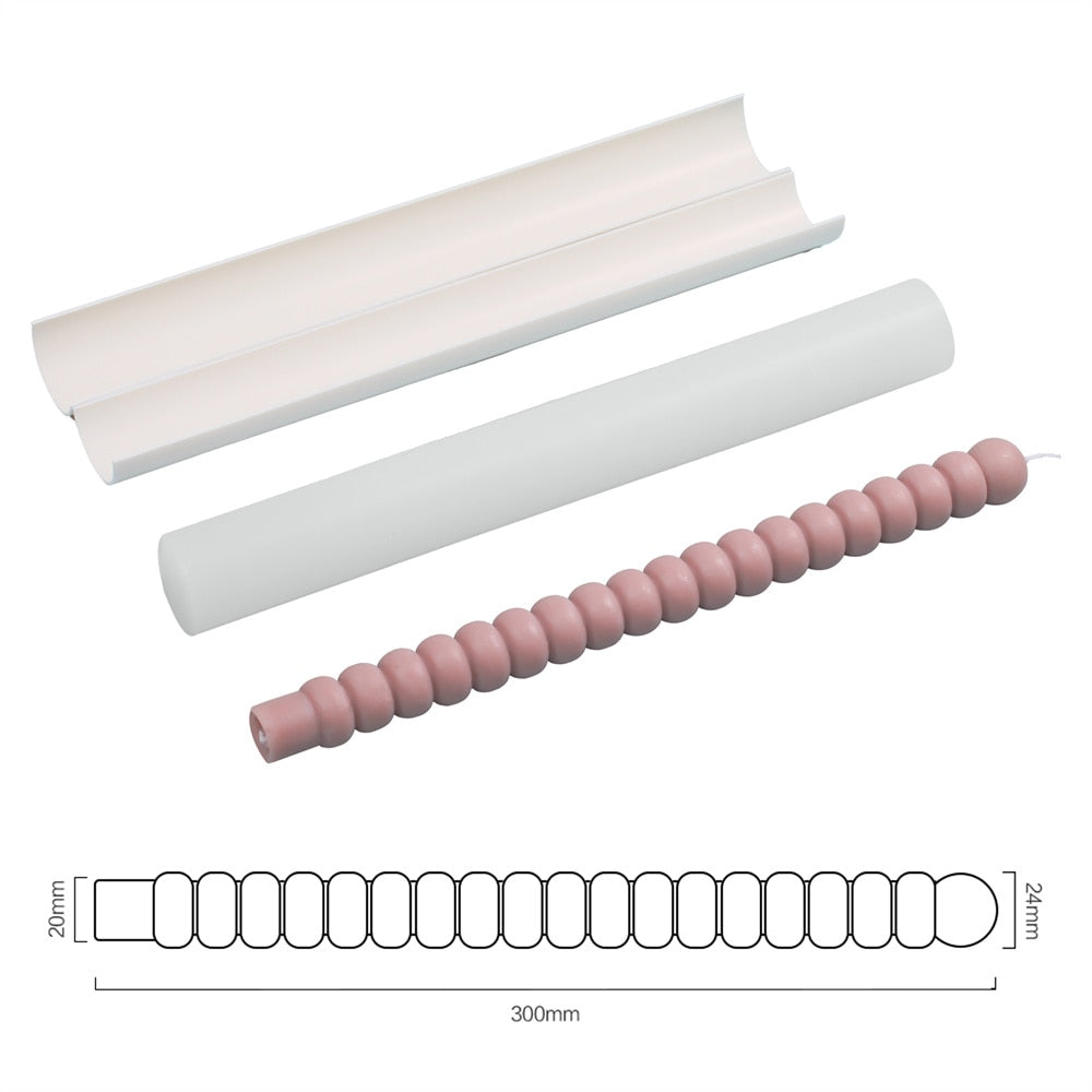 Boowannicole silicone mold kit: molds, support shell, finished spiral taper candles, dimensions 300mm × 24mm.